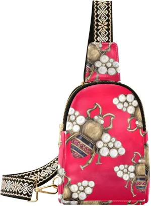 VIGTRO Small Sling Bag Embroidery Red Jewelry Bee Fanny Pack for Women Men, Leather Chest Bag with Adjustable Strap