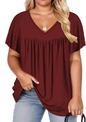 VISLILY Womens-Plus-Size-Summer-Tops 2025 Pleated V Neck T Shirts Short Sleeve Blouses Ruffle Flowy Tunics XL-5XL