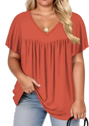 VISLILY Womens-Plus-Size-Summer-Tops 2025 Pleated V Neck T Shirts Short Sleeve Blouses Ruffle Flowy Tunics XL-5XL