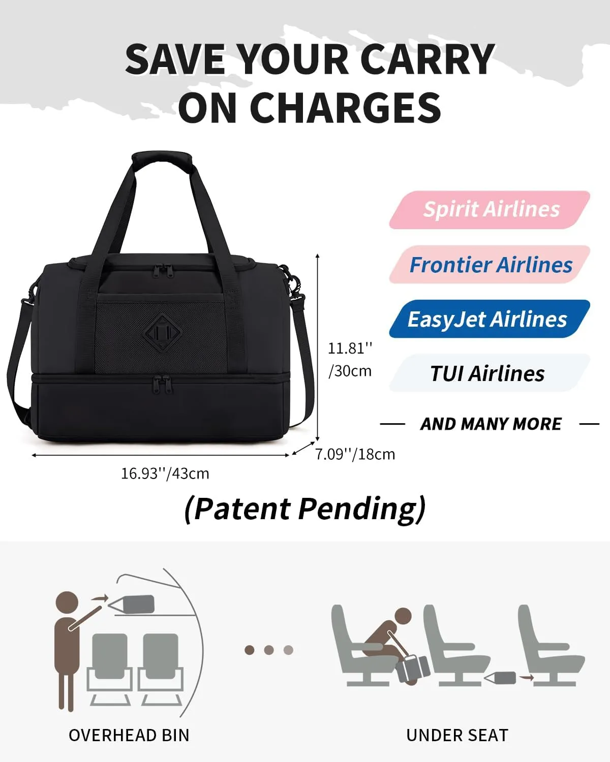 WANDF For Spirit Airlines 18x14x8 Personal Item Bag with USB Charging Port, Travel Duffel Bag with Wet Pocket & Shoe Compartment, Weekender Carry On Luggage for Women Men (Black)