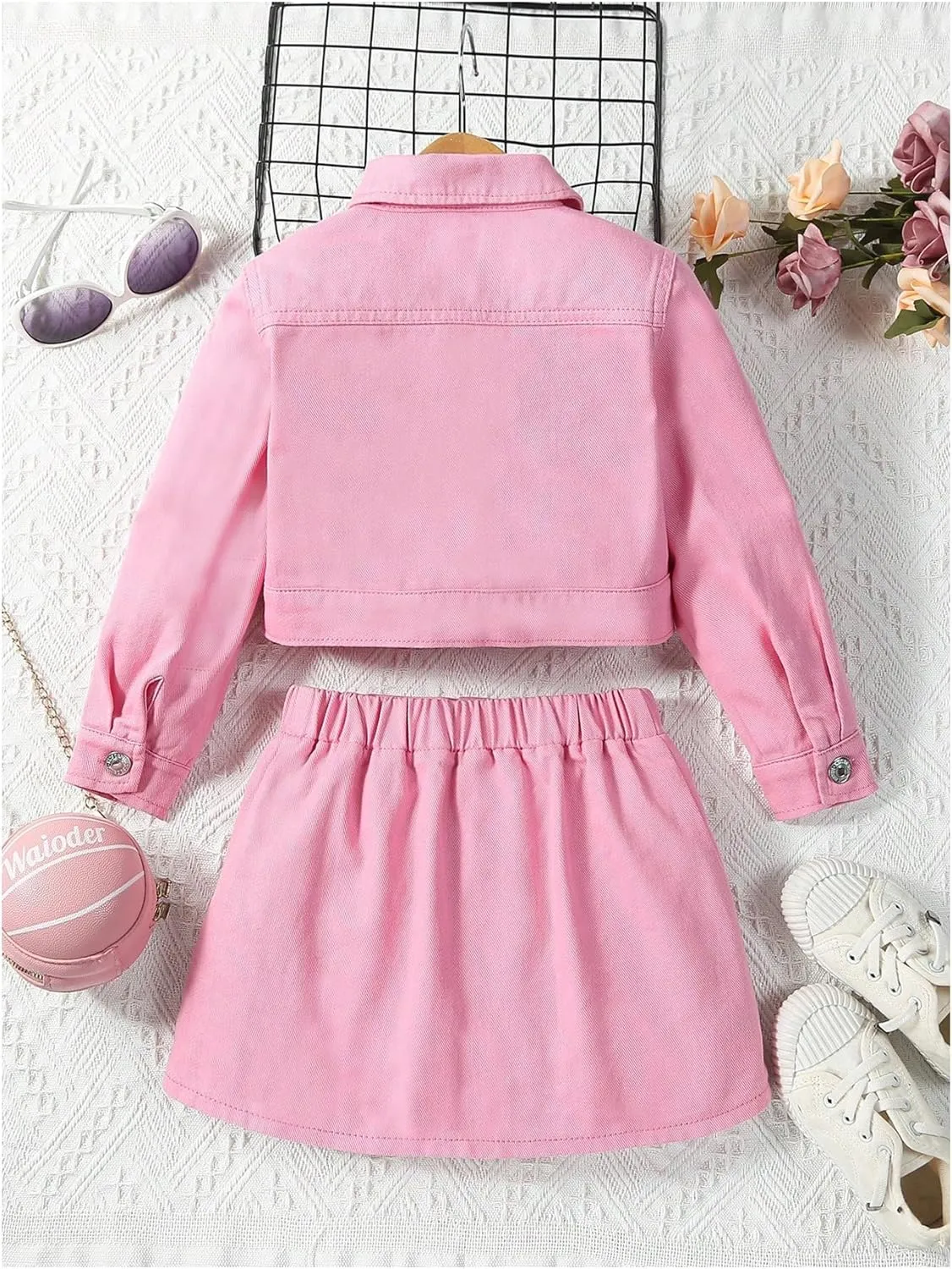 WDIRARA Girl's 2 Piece Outfits Button Front Long Sleeve Denim Jacket and A Line Skirt Set