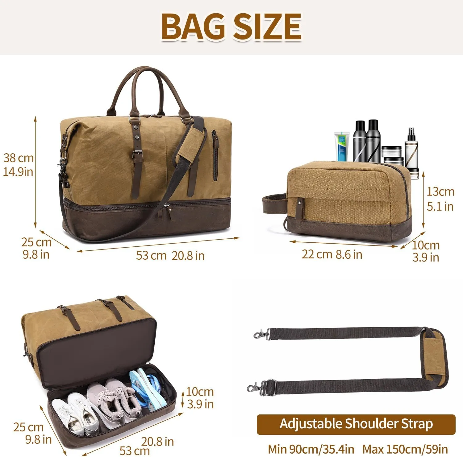 Weekender Bag Large Overnight Bag for Men Women Tote with Shoe Compartment Canvas Carry on Luggage Bag Travel Duffel Bag Brown