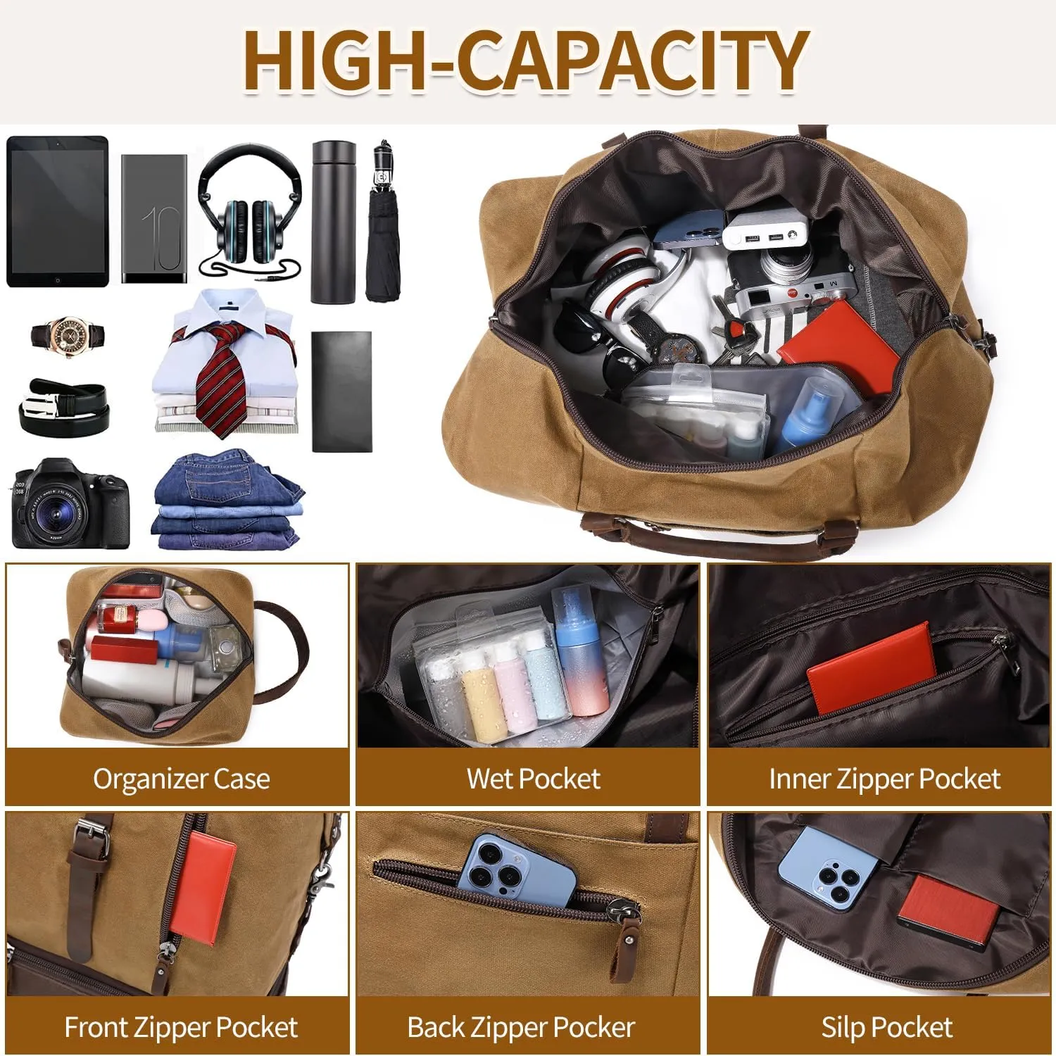 Weekender Bag Large Overnight Bag for Men Women Tote with Shoe Compartment Canvas Carry on Luggage Bag Travel Duffel Bag Brown