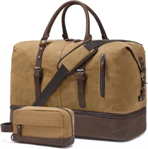 Weekender Bag Large Overnight Bag for Men Women Tote with Shoe Compartment Canvas Carry on Luggage Bag Travel Duffel Bag Brown