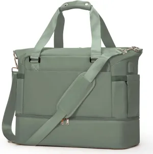 Weekender Bags for Women, Travel Duffel with Shoe Compartment USB Charging, Carry On Gym Duffle Bag with Wet Pocket, Personal Item Overnight Tote Bag for Airlines, Green