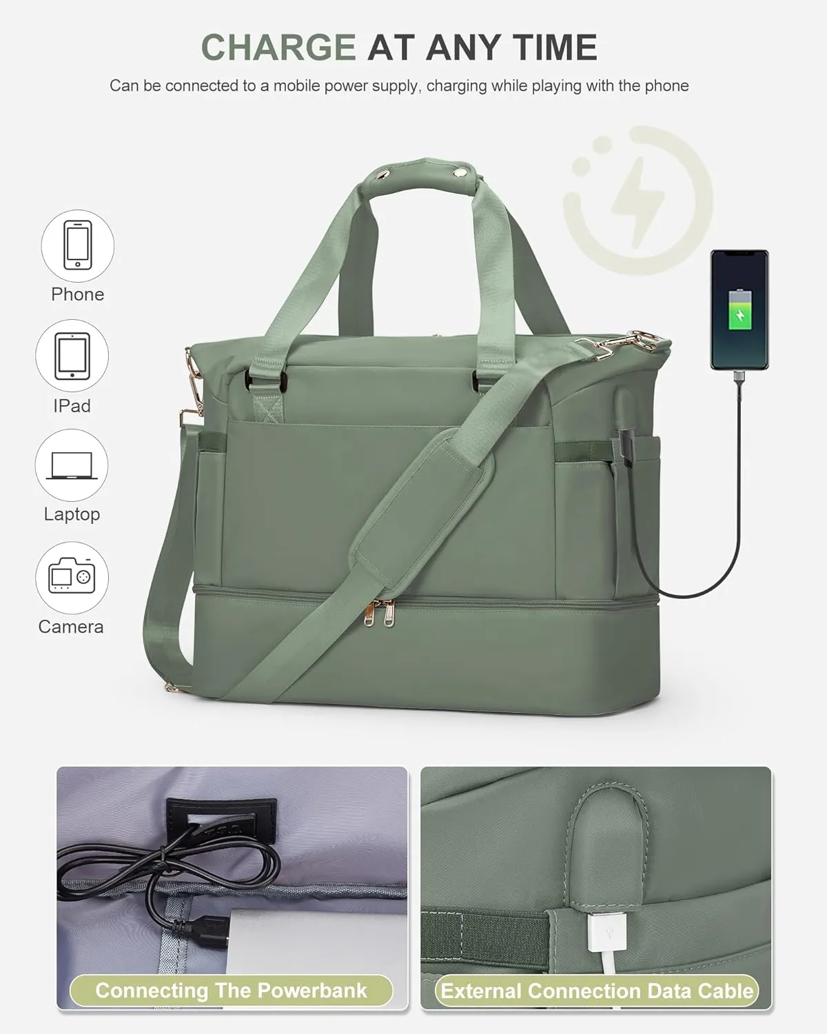 Weekender Bags for Women, Travel Duffel with Shoe Compartment USB Charging, Carry On Gym Duffle Bag with Wet Pocket, Personal Item Overnight Tote Bag for Airlines, Green
