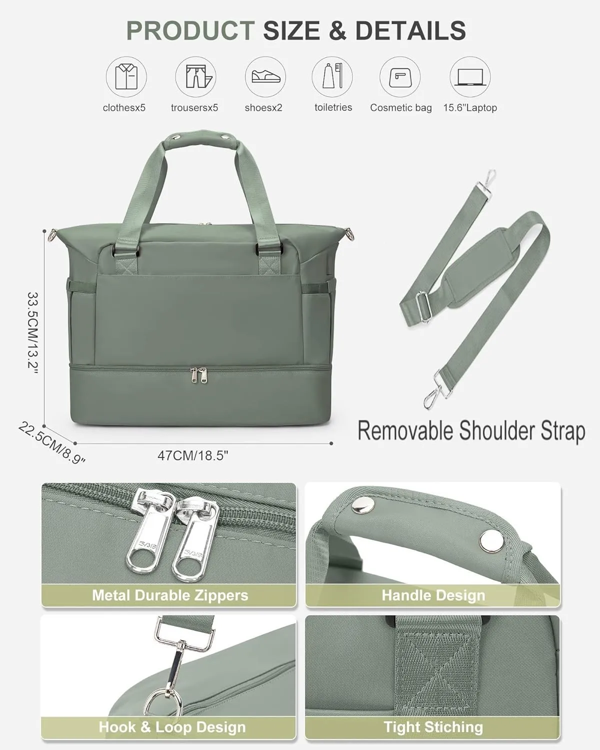 Weekender Bags for Women, Travel Duffel with Shoe Compartment USB Charging, Carry On Gym Duffle Bag with Wet Pocket, Personal Item Overnight Tote Bag for Airlines, Green