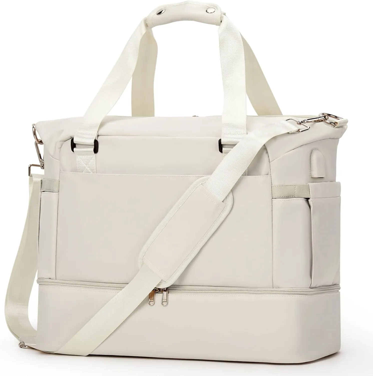 Weekender Bags for Women, Travel Duffel with Shoe Compartment USB Charging, Carry On Gym Duffle Bag with Wet Pocket, Personal Item Overnight Tote Bag for Airlines with Toiletry Bag, Beige