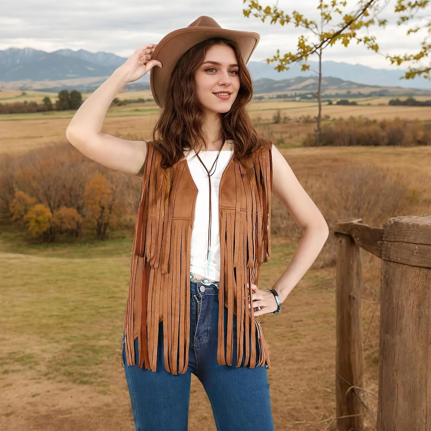 Western Outfits for Women Cowgirl Outfits Cowgirl Vest Boho Cowboy Hat Fringe Vest for Halloween Cosplay