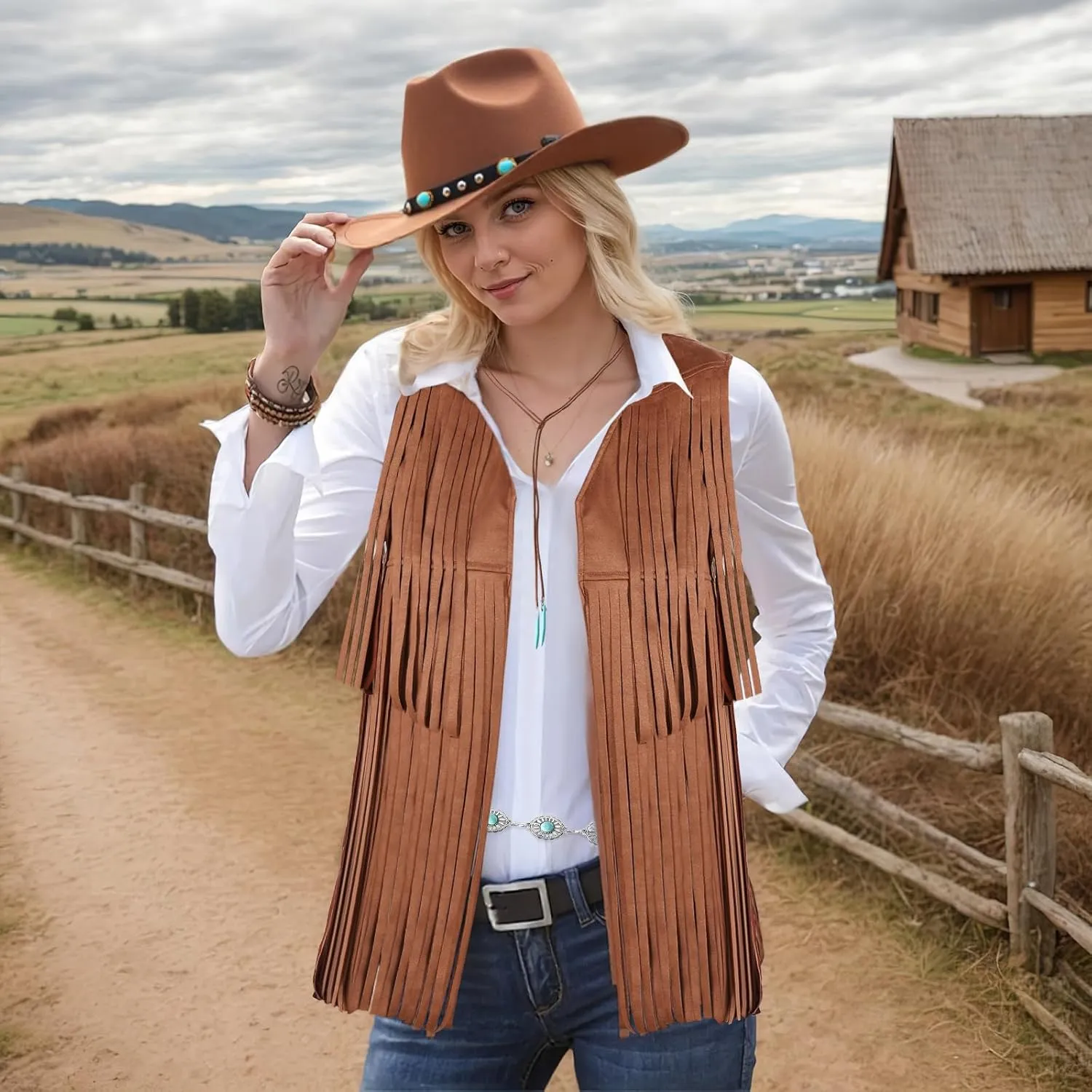 Western Outfits for Women Cowgirl Outfits Cowgirl Vest Boho Cowboy Hat Fringe Vest for Halloween Cosplay
