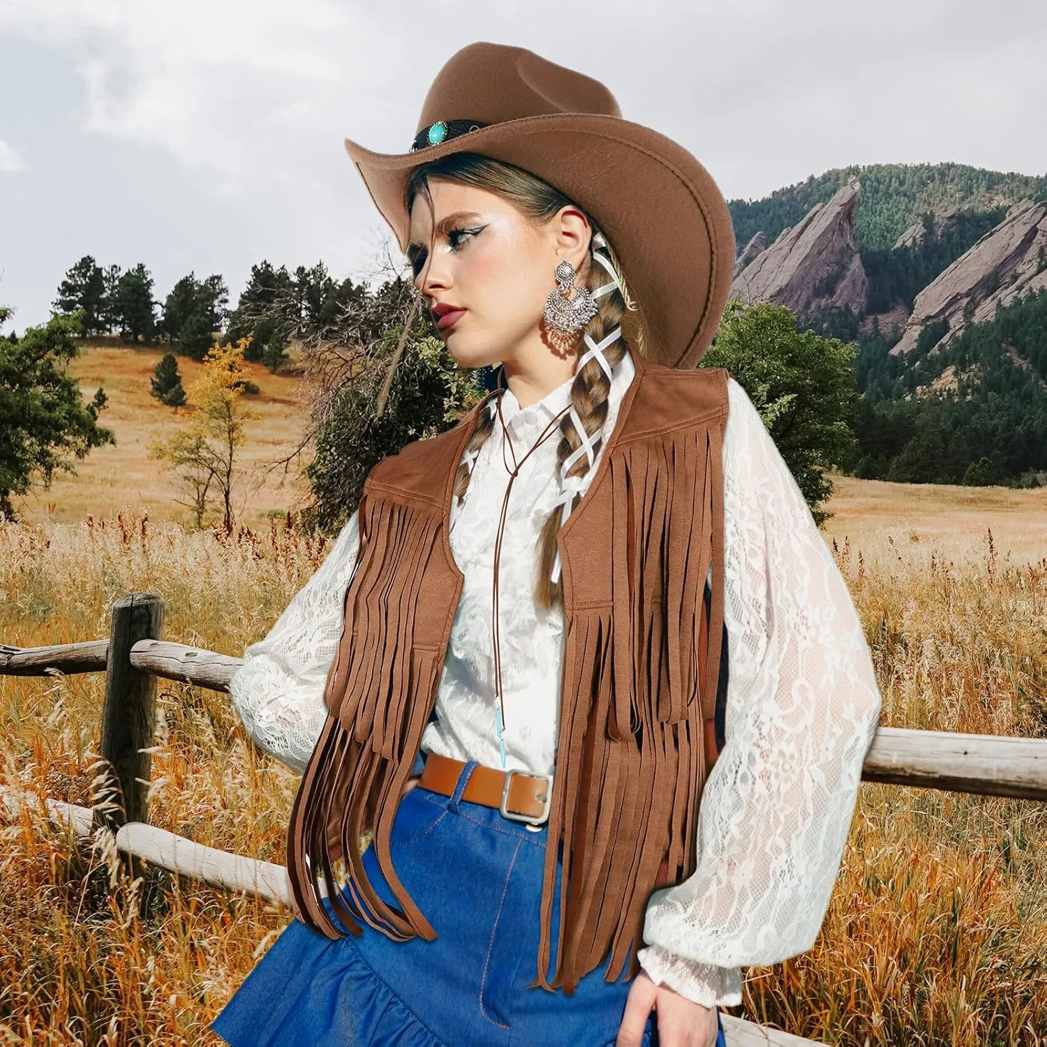 Western Outfits for Women Cowgirl Outfits Cowgirl Vest Boho Cowboy Hat Fringe Vest for Halloween Cosplay