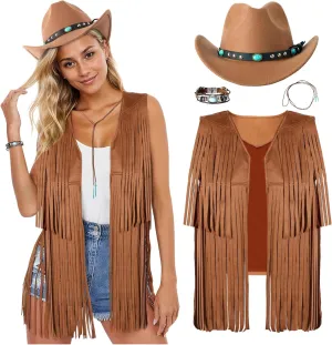 Western Outfits for Women Cowgirl Outfits Cowgirl Vest Boho Cowboy Hat Fringe Vest for Halloween Cosplay