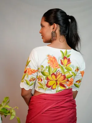 WHITE GLAZED COTTON HANDPAINTED BLOUSE