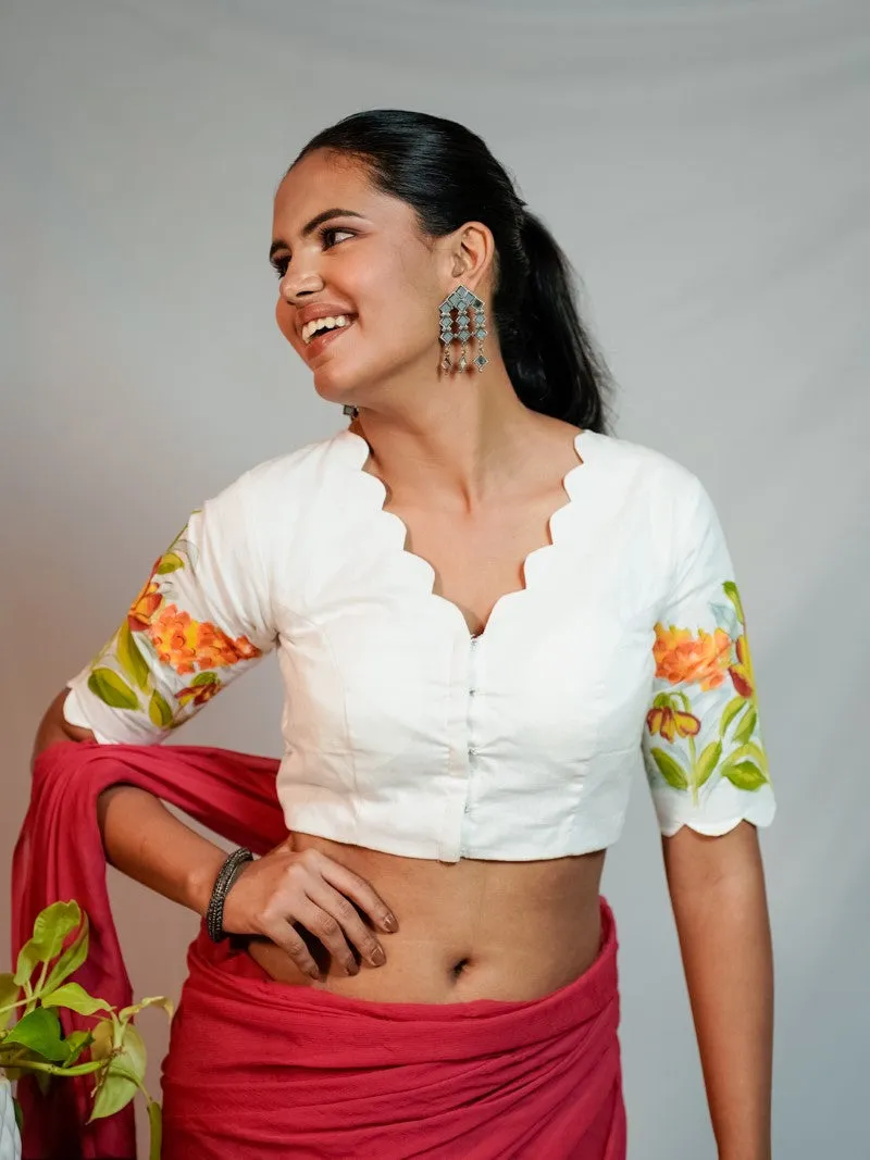WHITE GLAZED COTTON HANDPAINTED BLOUSE