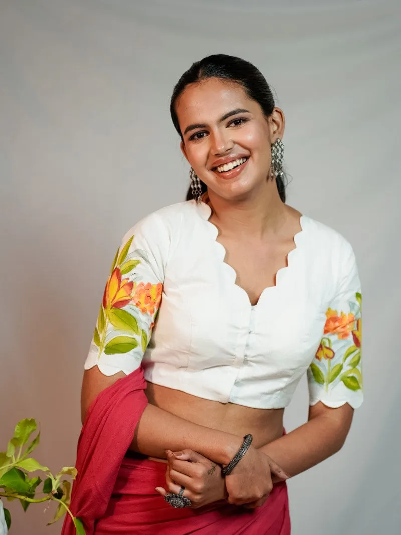 WHITE GLAZED COTTON HANDPAINTED BLOUSE