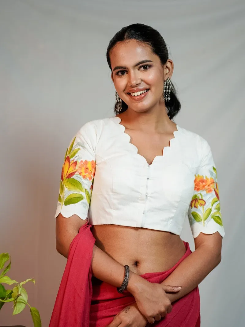 WHITE GLAZED COTTON HANDPAINTED BLOUSE
