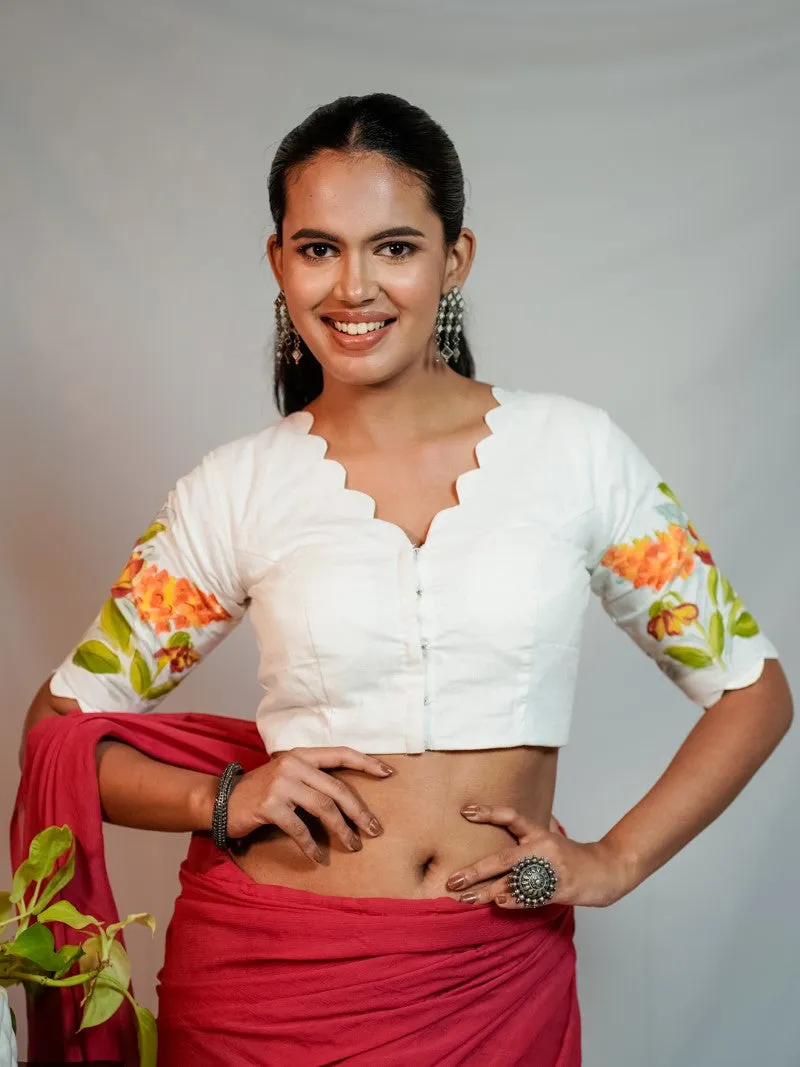 WHITE GLAZED COTTON HANDPAINTED BLOUSE