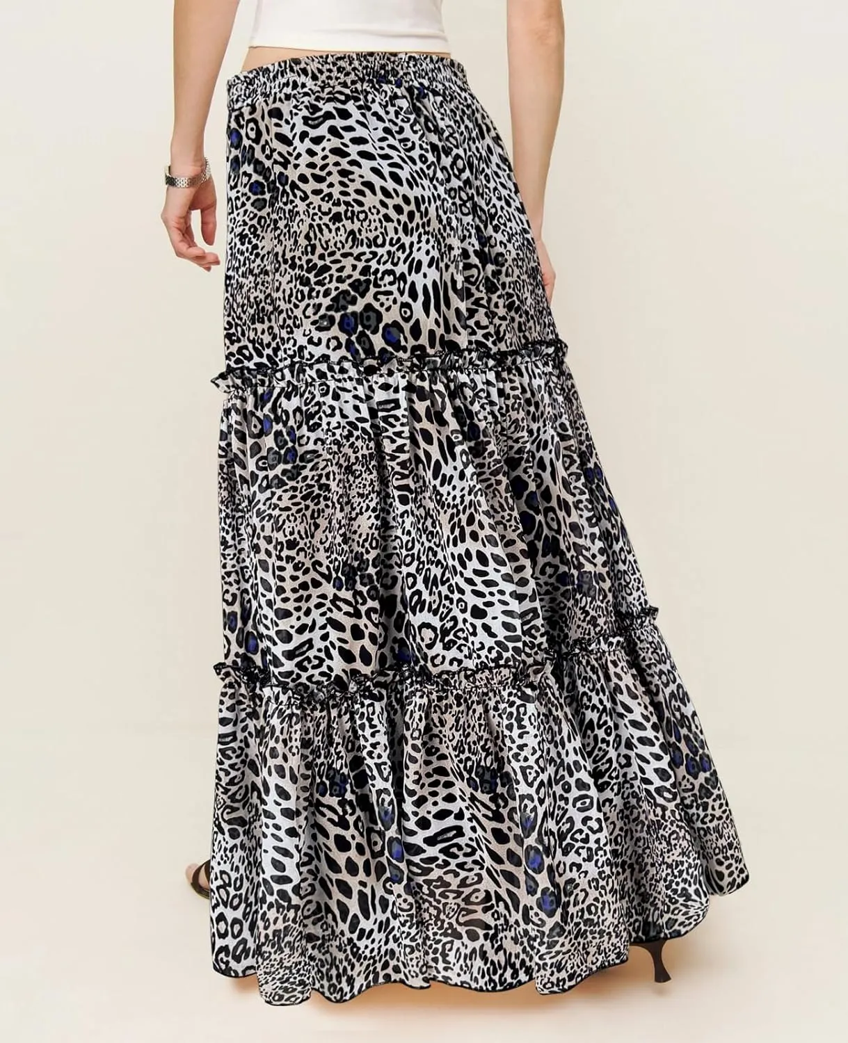 WISFRUIT Women's Leopard Print Pleated Maxi Skirt Cheetah Chiffon Tiered Ruffle A Line Flowy Beach Long Skirts