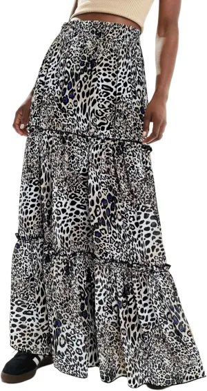 WISFRUIT Women's Leopard Print Pleated Maxi Skirt Cheetah Chiffon Tiered Ruffle A Line Flowy Beach Long Skirts