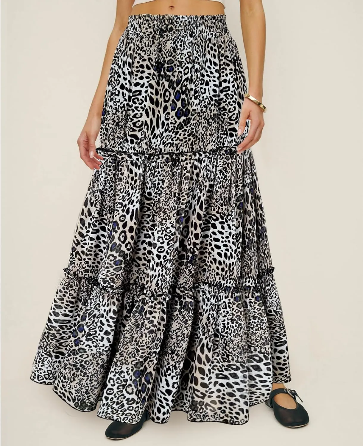 WISFRUIT Women's Leopard Print Pleated Maxi Skirt Cheetah Chiffon Tiered Ruffle A Line Flowy Beach Long Skirts