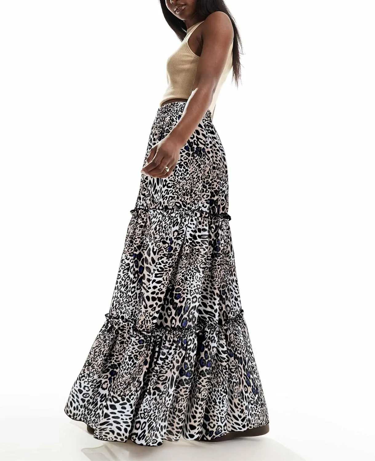 WISFRUIT Women's Leopard Print Pleated Maxi Skirt Cheetah Chiffon Tiered Ruffle A Line Flowy Beach Long Skirts