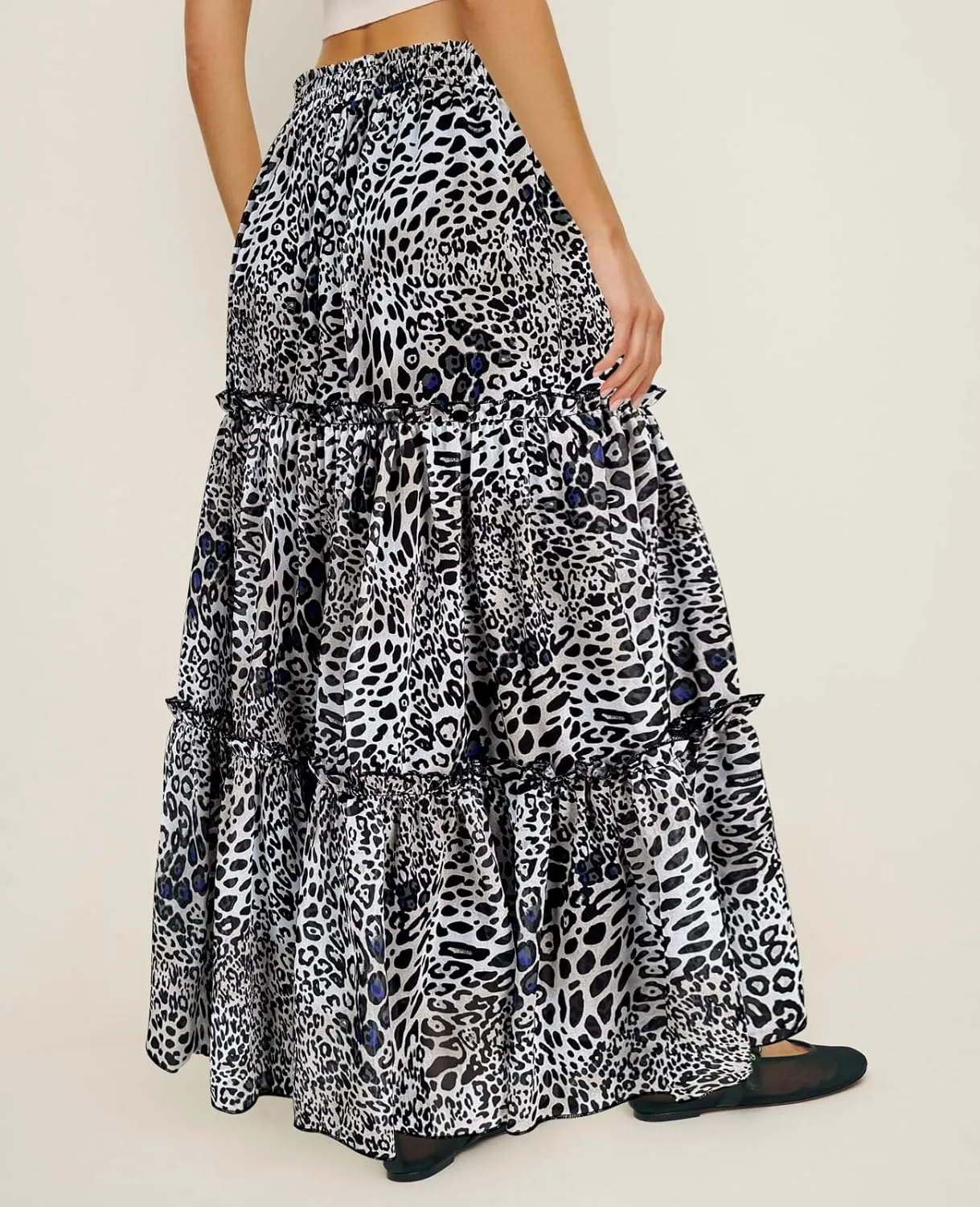 WISFRUIT Women's Leopard Print Pleated Maxi Skirt Cheetah Chiffon Tiered Ruffle A Line Flowy Beach Long Skirts