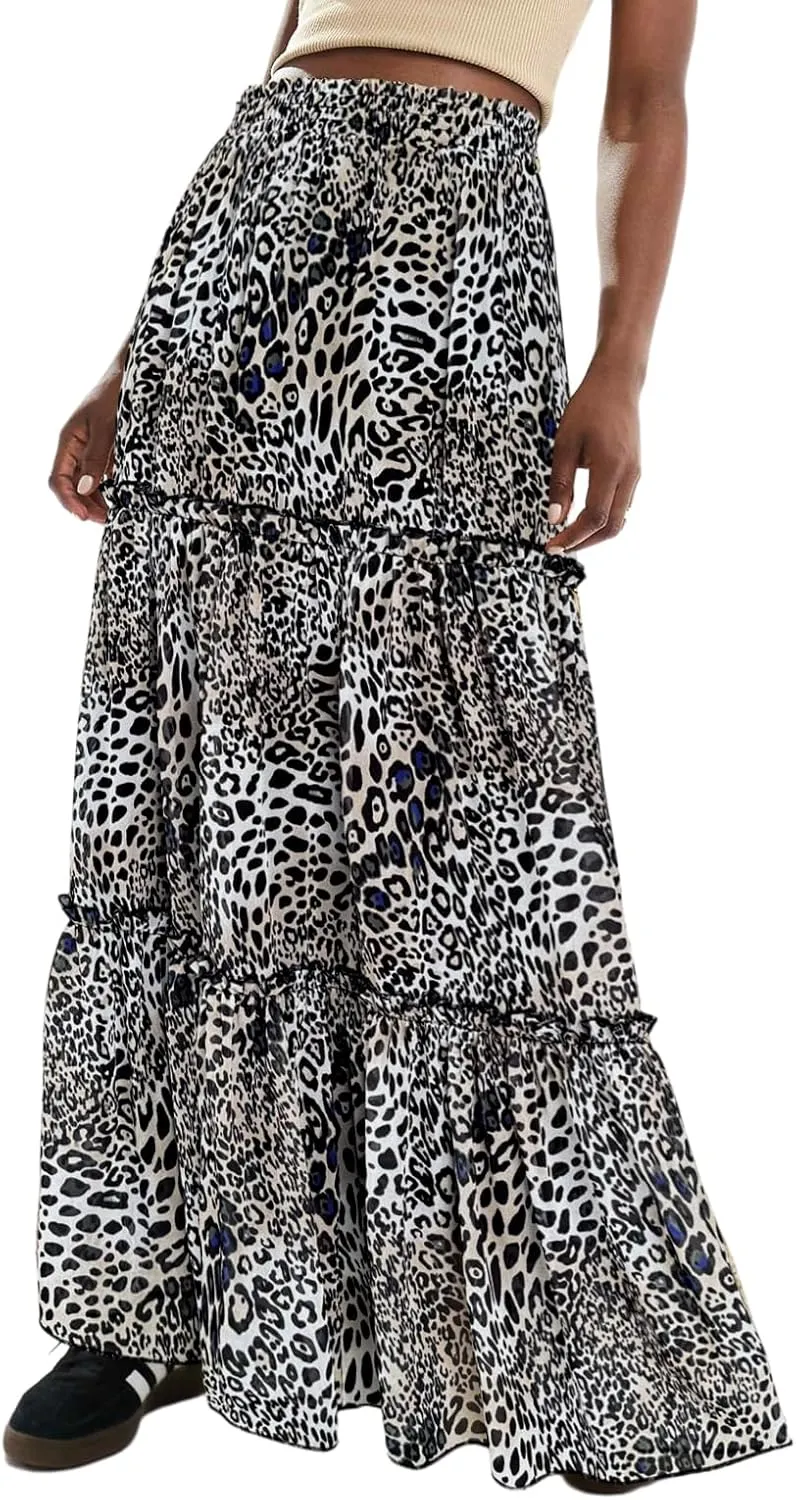 WISFRUIT Women's Leopard Print Pleated Maxi Skirt Cheetah Chiffon Tiered Ruffle A Line Flowy Beach Long Skirts