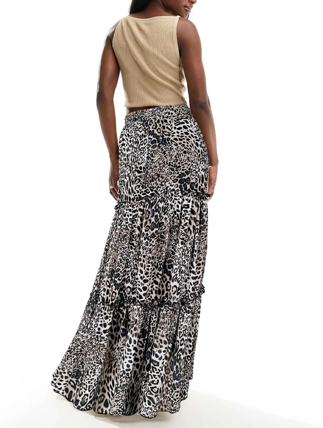WISFRUIT Women's Leopard Print Pleated Maxi Skirt Cheetah Chiffon Tiered Ruffle A Line Flowy Beach Long Skirts