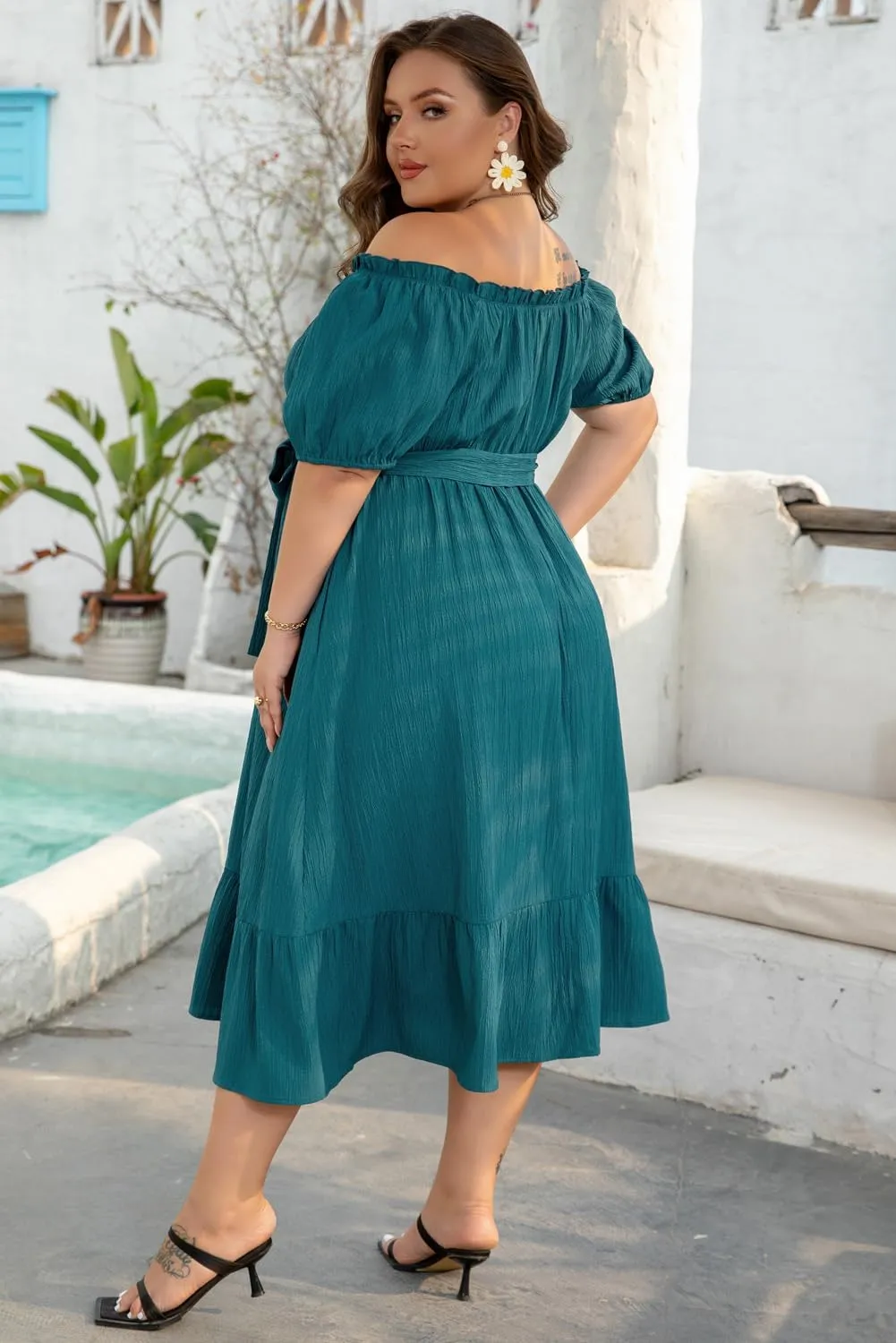 Wolddress Womens Summer Dresses U Neck Puff Sleeve Belted Ruffle Hem Plus Size Midi Casual Dress