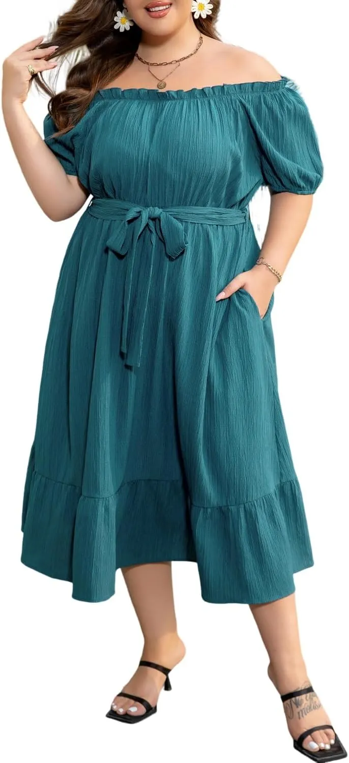 Wolddress Womens Summer Dresses U Neck Puff Sleeve Belted Ruffle Hem Plus Size Midi Casual Dress