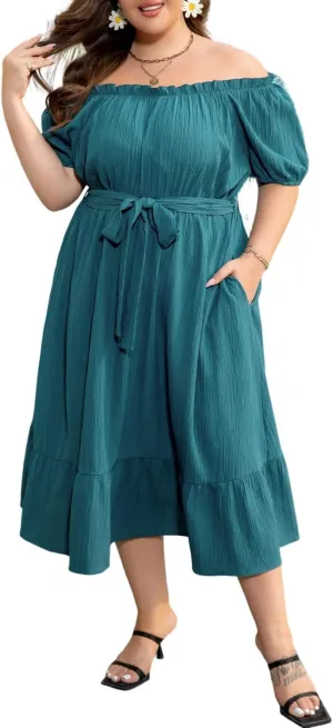 Wolddress Womens Summer Dresses U Neck Puff Sleeve Belted Ruffle Hem Plus Size Midi Casual Dress