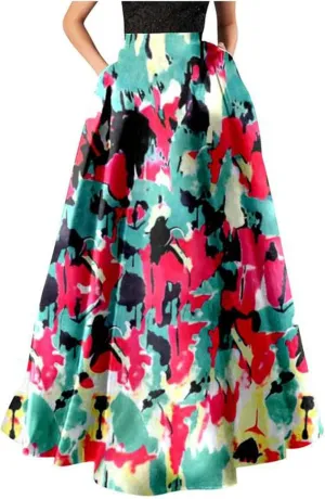 Women African Printed Maxi Skirt Flared Skirt a Line Long Skirts Vintage Pleated Skirt Floral Long Dresses with Pockets