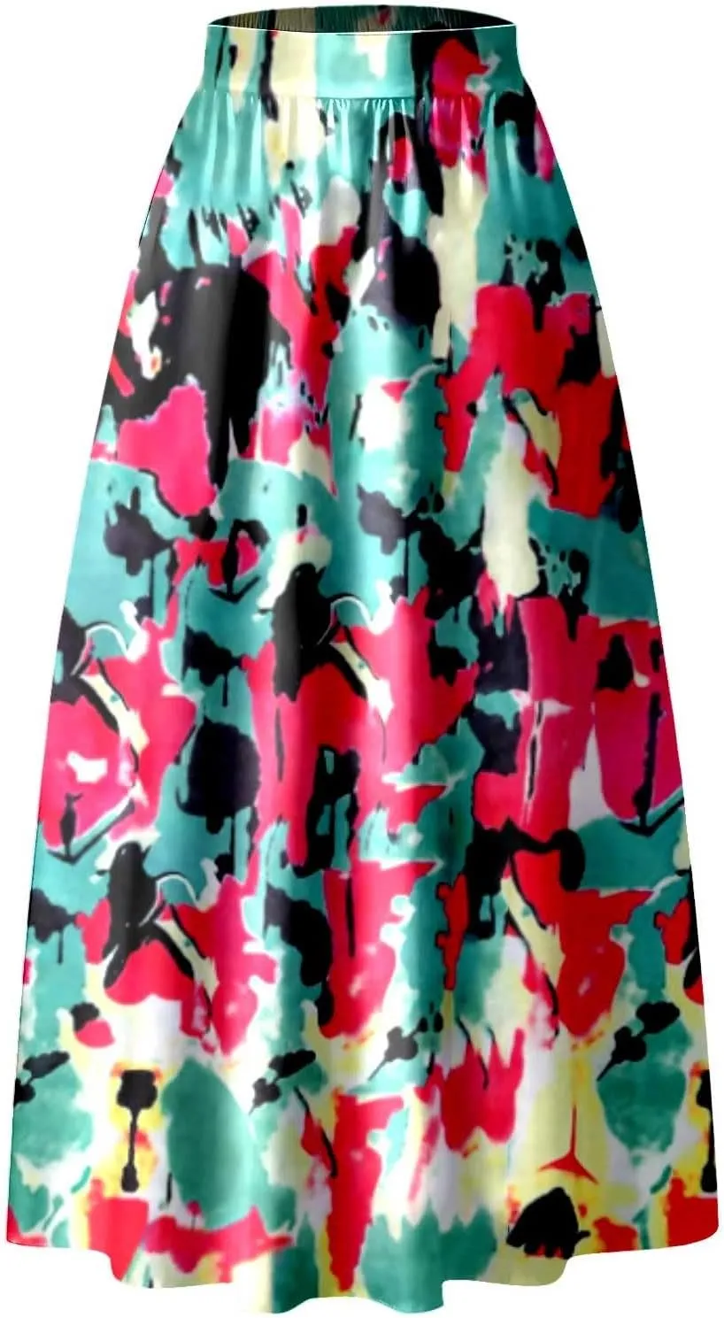 Women African Printed Maxi Skirt Flared Skirt a Line Long Skirts Vintage Pleated Skirt Floral Long Dresses with Pockets