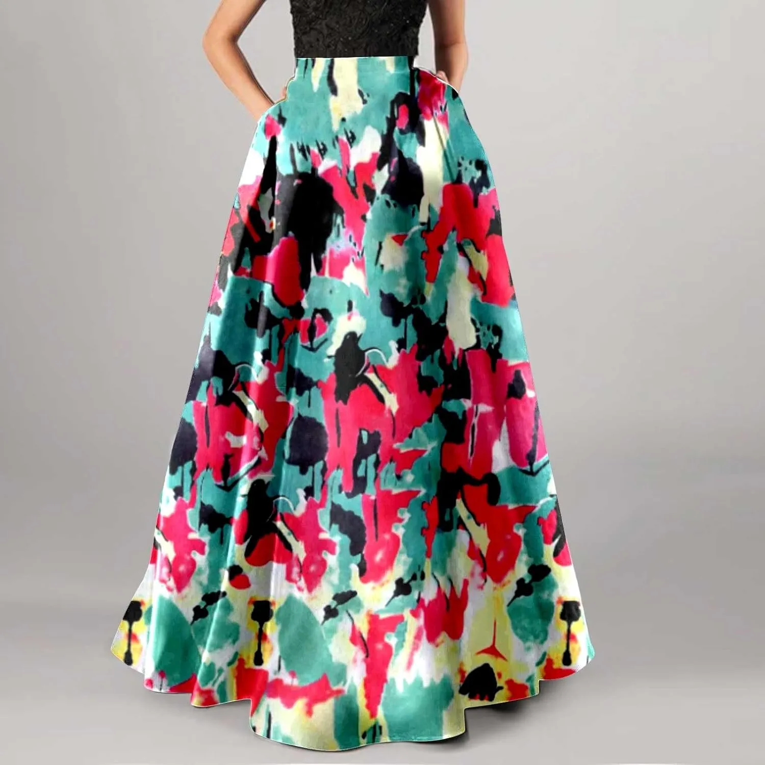 Women African Printed Maxi Skirt Flared Skirt a Line Long Skirts Vintage Pleated Skirt Floral Long Dresses with Pockets