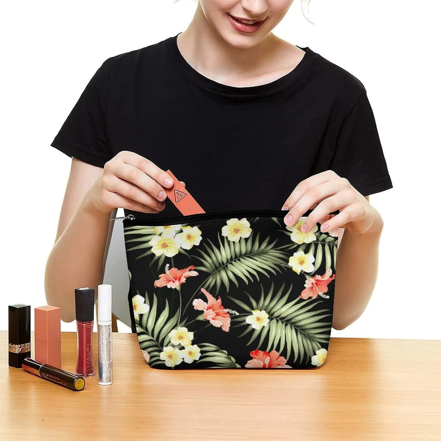Women Hawaii Hawaiian Tropical Flowers Jungle Palms Makeup Cosmetic Case Pouch Multipurpose Travel Makeup Premium Zipper Travel Bag Large Capacity for Makeup Brushes Jewelry Trip
