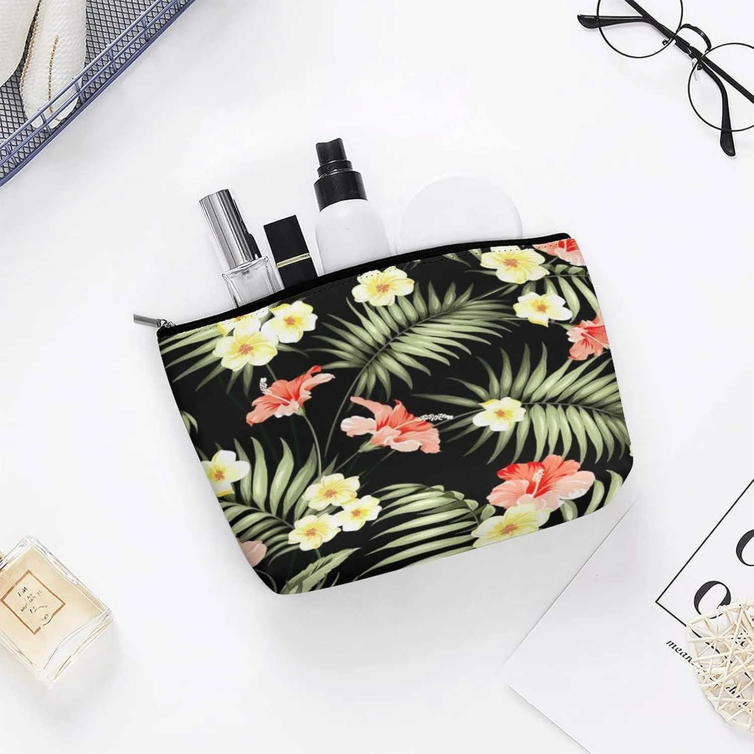 Women Hawaii Hawaiian Tropical Flowers Jungle Palms Makeup Cosmetic Case Pouch Multipurpose Travel Makeup Premium Zipper Travel Bag Large Capacity for Makeup Brushes Jewelry Trip