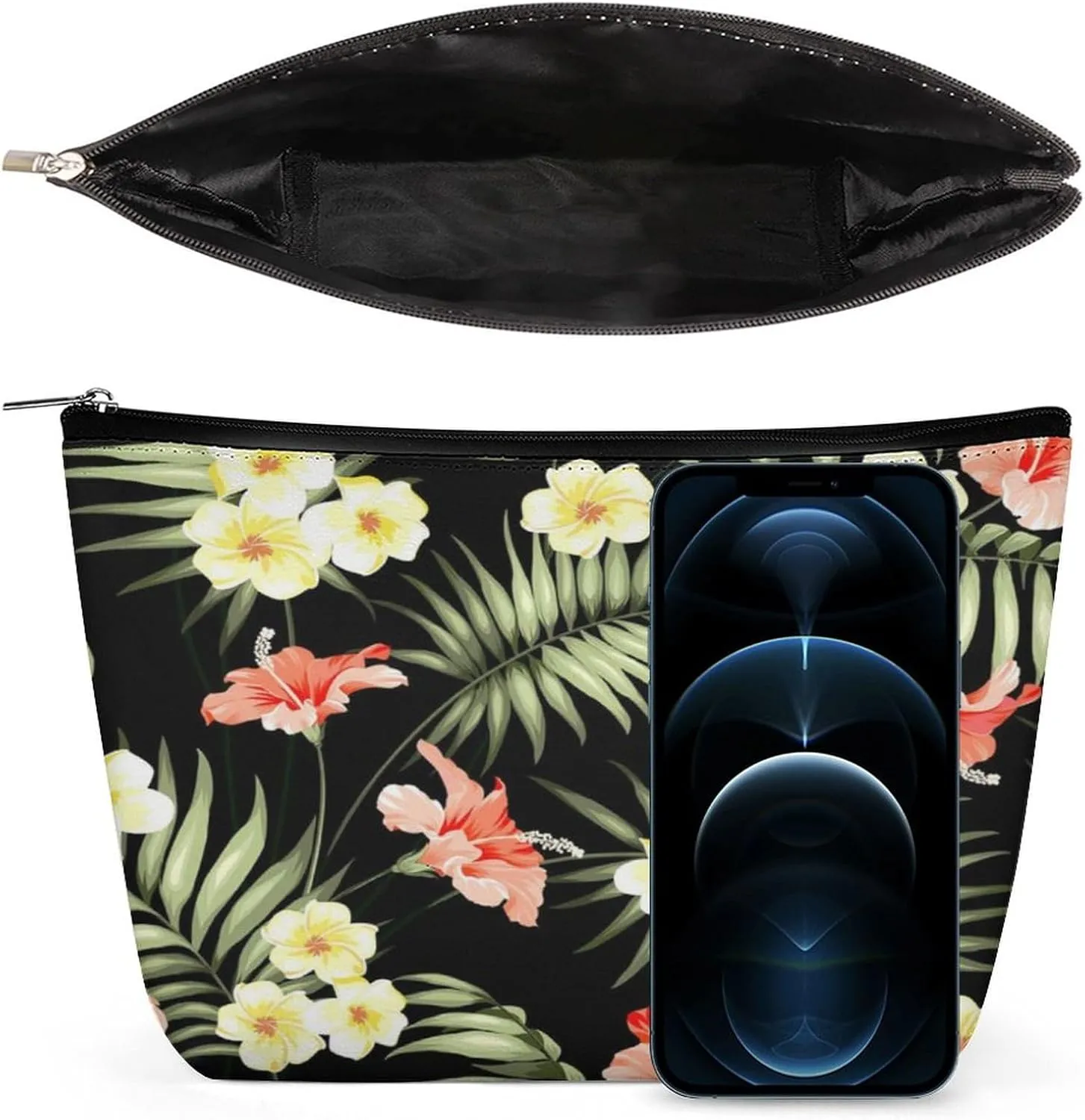 Women Hawaii Hawaiian Tropical Flowers Jungle Palms Makeup Cosmetic Case Pouch Multipurpose Travel Makeup Premium Zipper Travel Bag Large Capacity for Makeup Brushes Jewelry Trip