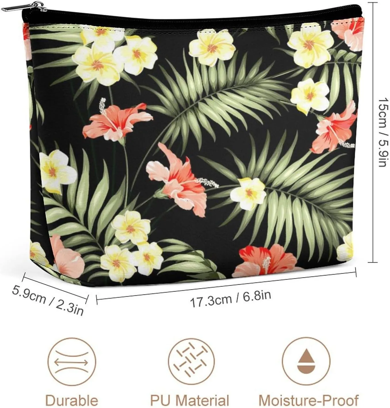 Women Hawaii Hawaiian Tropical Flowers Jungle Palms Makeup Cosmetic Case Pouch Multipurpose Travel Makeup Premium Zipper Travel Bag Large Capacity for Makeup Brushes Jewelry Trip