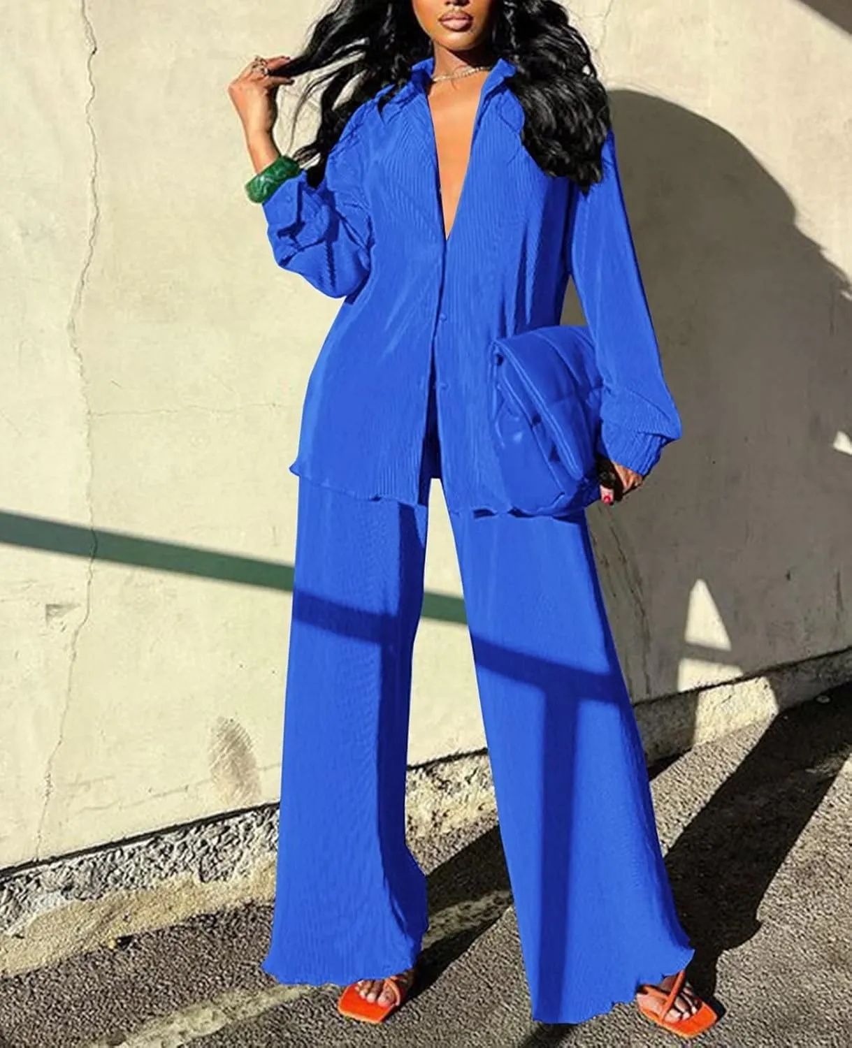 Women Pleated 2 Piece Pants Outfits Casual Loose Button Shirt Blouse Top Long Wide Leg Palazzo Pants Set Jumpsuit