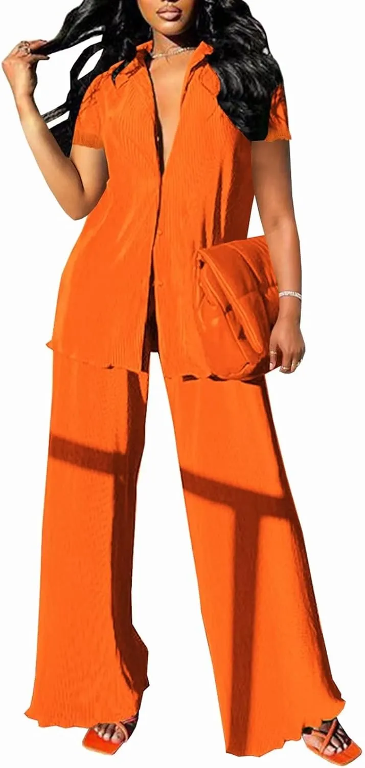 Women Pleated 2 Piece Pants Outfits Casual Loose Button Shirt Blouse Top Long Wide Leg Palazzo Pants Set Jumpsuit