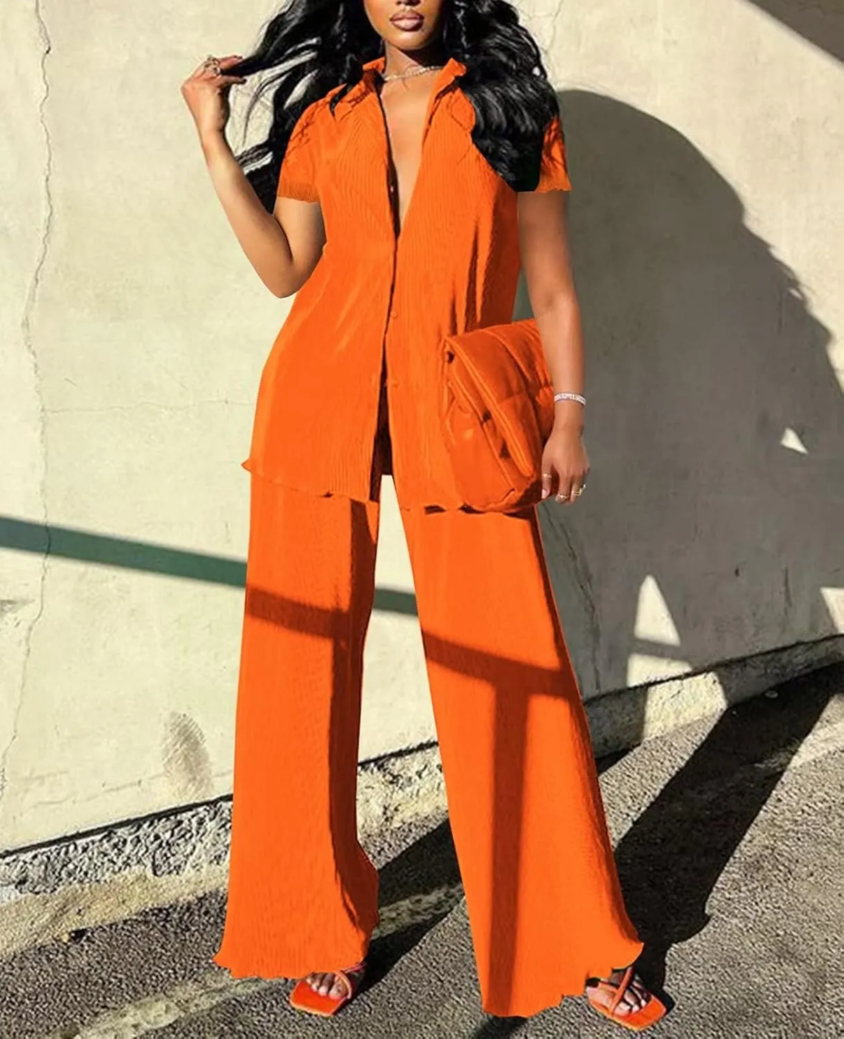 Women Pleated 2 Piece Pants Outfits Casual Loose Button Shirt Blouse Top Long Wide Leg Palazzo Pants Set Jumpsuit