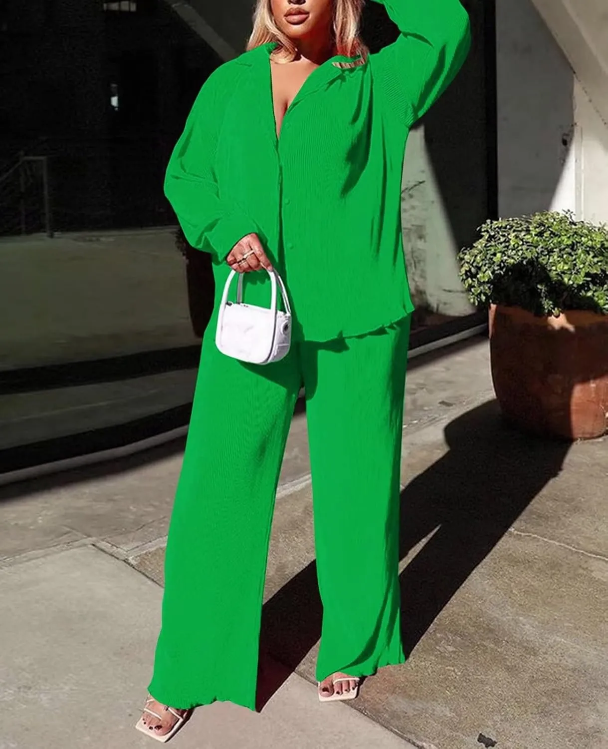 Women Pleated 2 Piece Pants Outfits Casual Loose Button Shirt Blouse Top Long Wide Leg Palazzo Pants Set Jumpsuit