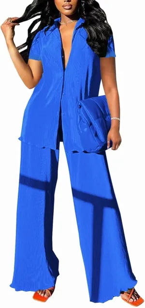 Women Pleated 2 Piece Pants Outfits Casual Loose Button Shirt Blouse Top Long Wide Leg Palazzo Pants Set Jumpsuit