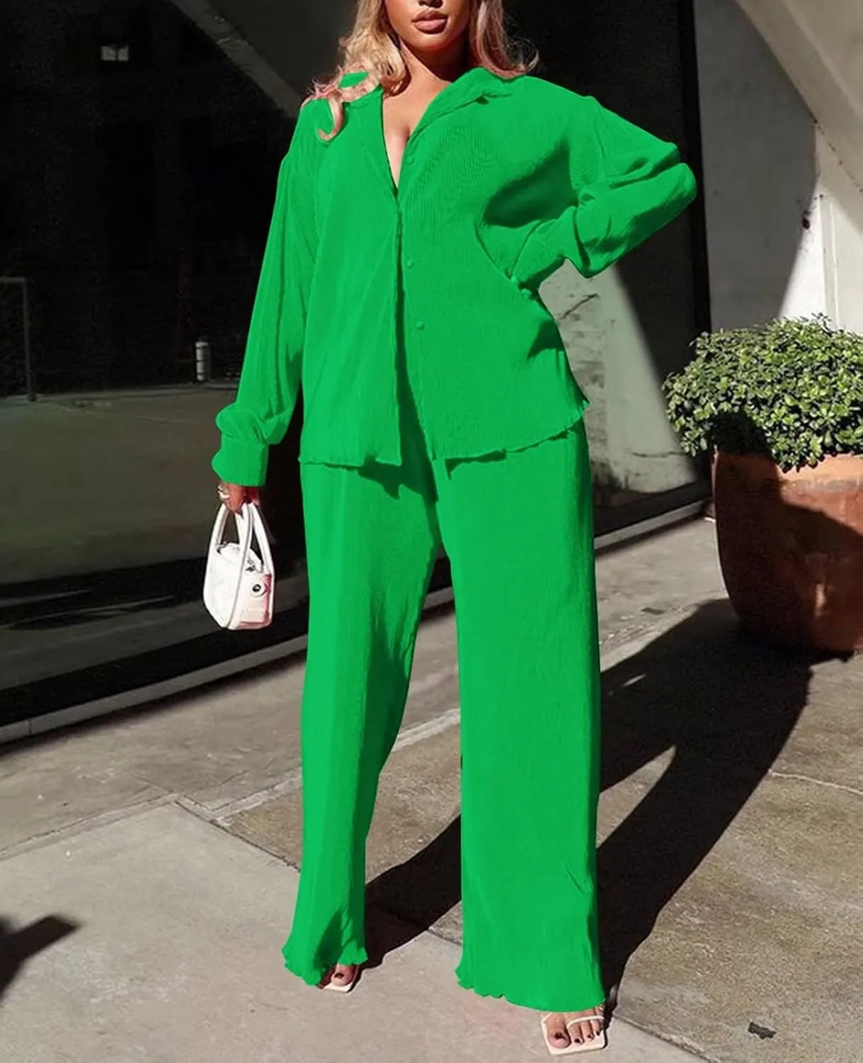Women Pleated 2 Piece Pants Outfits Casual Loose Button Shirt Blouse Top Long Wide Leg Palazzo Pants Set Jumpsuit