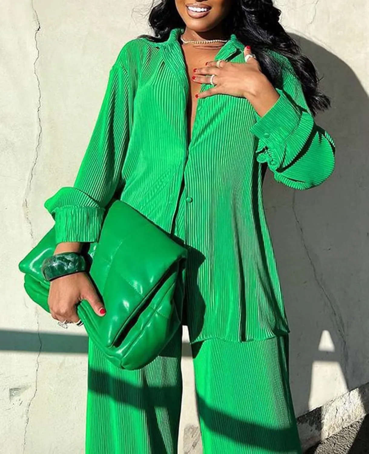 Women Pleated 2 Piece Pants Outfits Casual Loose Button Shirt Blouse Top Long Wide Leg Palazzo Pants Set Jumpsuit