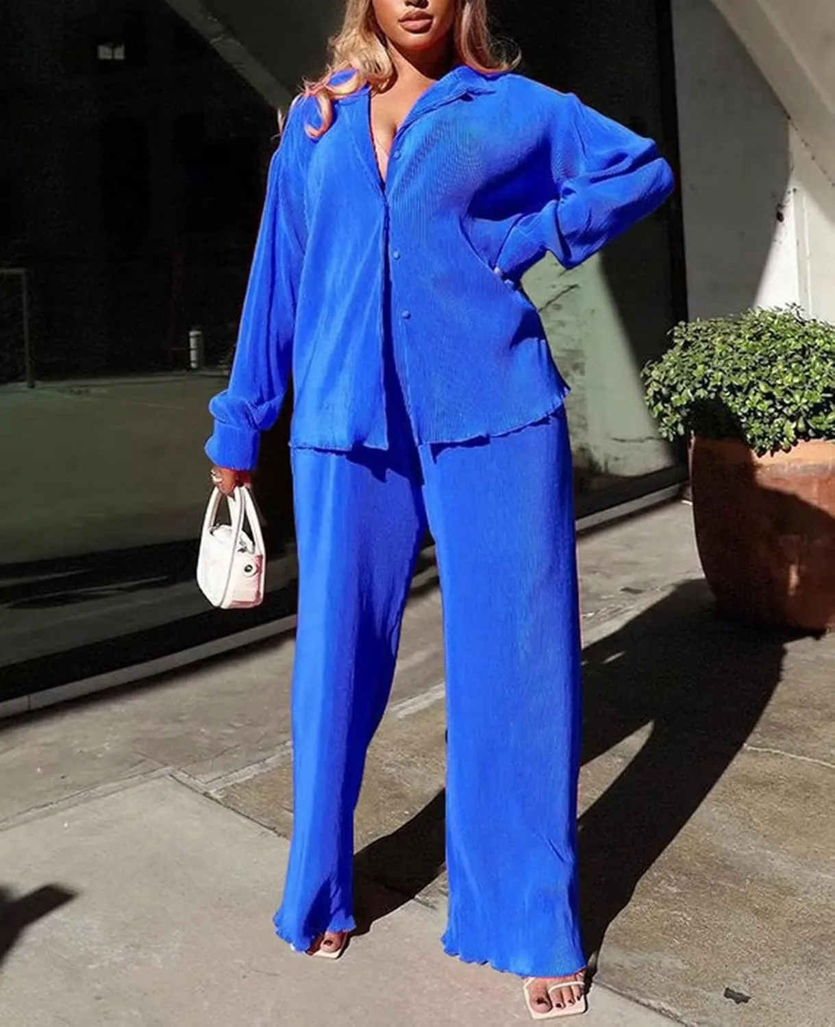 Women Pleated 2 Piece Pants Outfits Casual Loose Button Shirt Blouse Top Long Wide Leg Palazzo Pants Set Jumpsuit