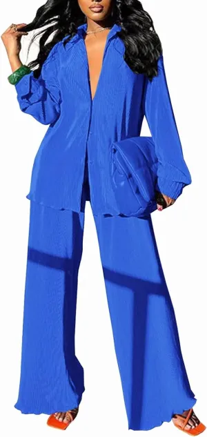 Women Pleated 2 Piece Pants Outfits Casual Loose Button Shirt Blouse Top Long Wide Leg Palazzo Pants Set Jumpsuit