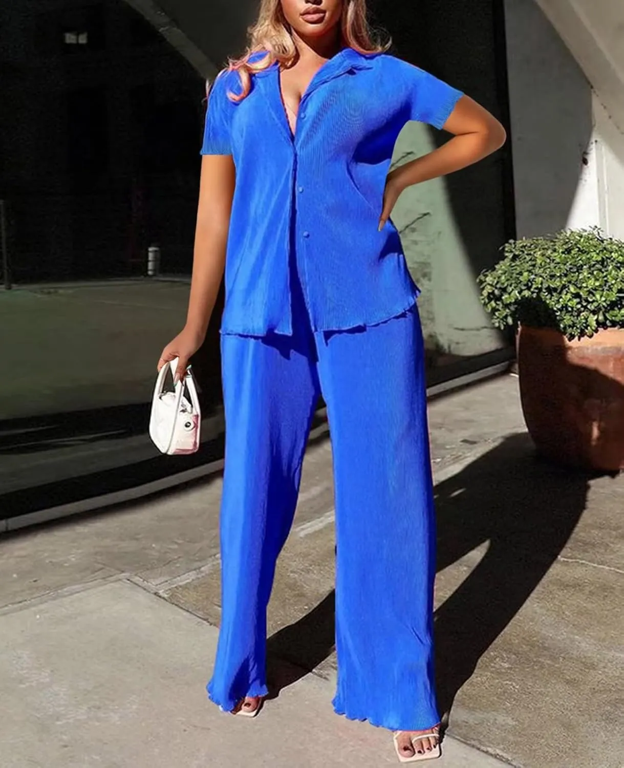 Women Pleated 2 Piece Pants Outfits Casual Loose Button Shirt Blouse Top Long Wide Leg Palazzo Pants Set Jumpsuit