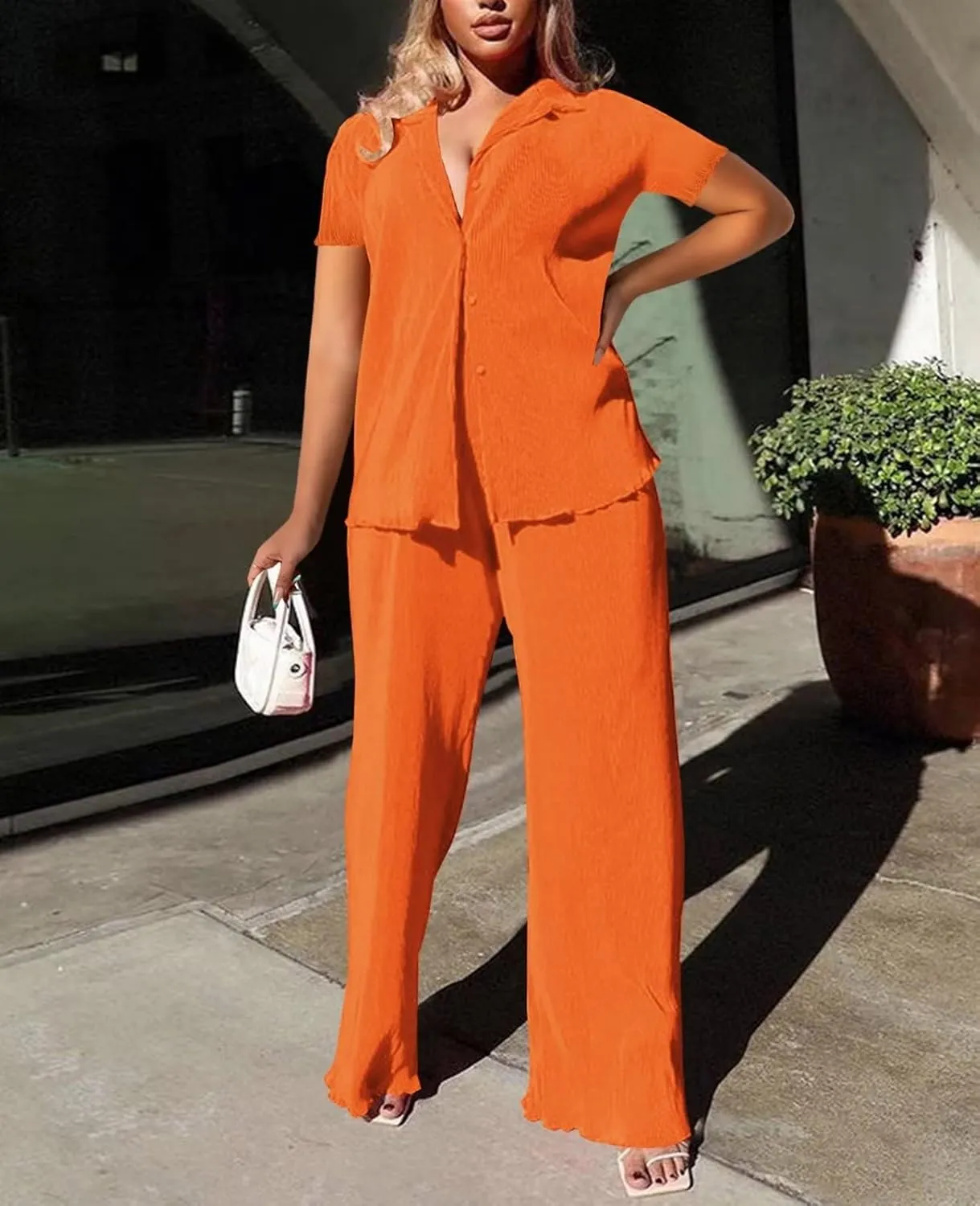 Women Pleated 2 Piece Pants Outfits Casual Loose Button Shirt Blouse Top Long Wide Leg Palazzo Pants Set Jumpsuit