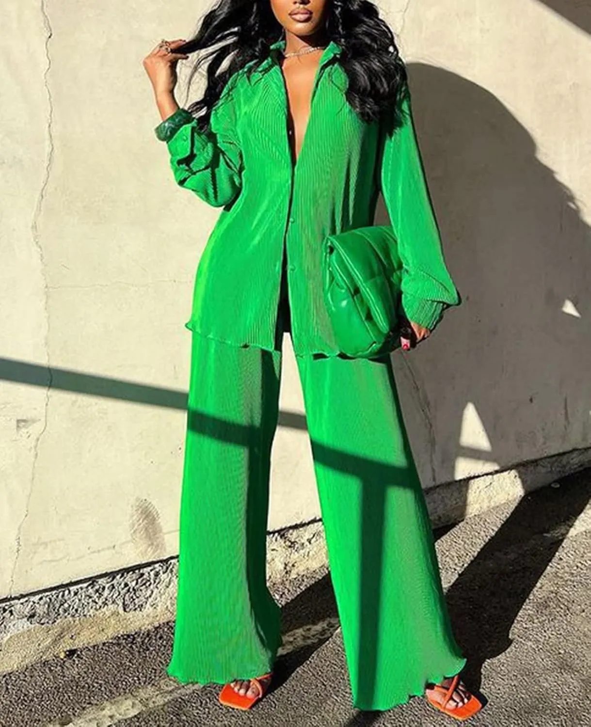 Women Pleated 2 Piece Pants Outfits Casual Loose Button Shirt Blouse Top Long Wide Leg Palazzo Pants Set Jumpsuit